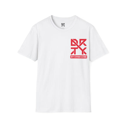 This image showcases a front view of a T-shirt with a left front chest with a DRTY X logo.