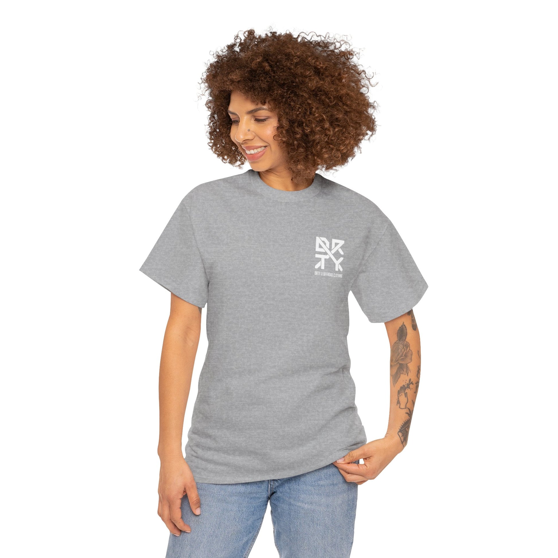 This image showcases a front view of a woman wearing a T-shirt with a left front chest with a DRTY X logo.