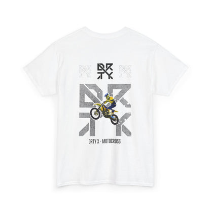 This image showcases the back view of a T-shirt with a motocross bike jumping over top of a DRTY X logo on the middle top and center back, with text below that says DRTY X motocross.