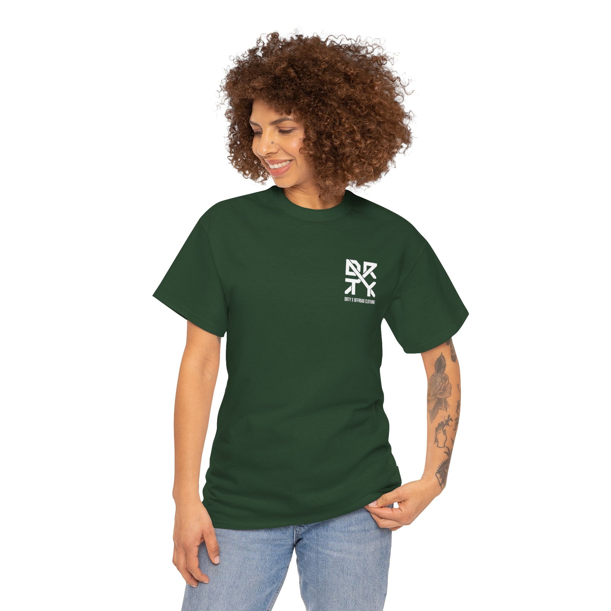 This image showcases a front view of a woman wearing a T-shirt with a left front chest with a DRTY X logo.