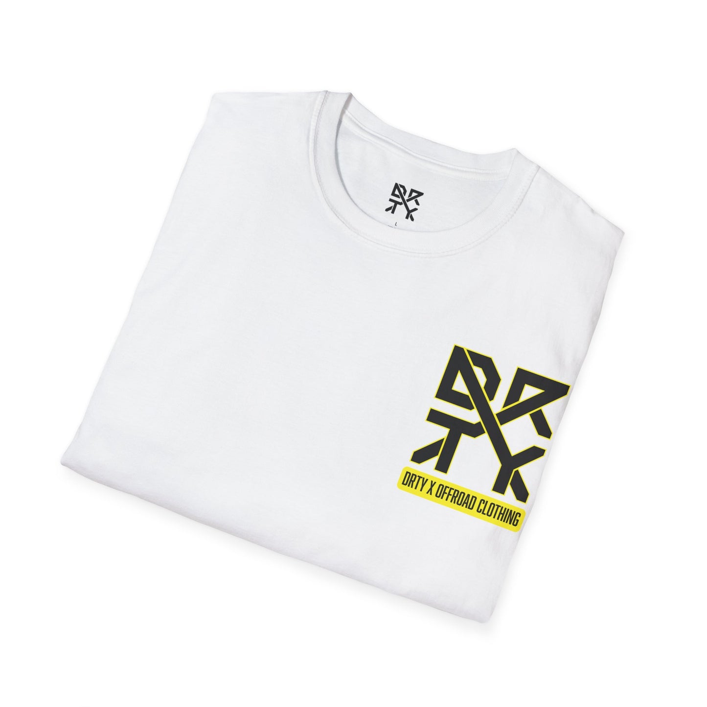 This image showcases a folded view of a T-shirt collar and left front chest with a DRTY X logo printed in both locations.