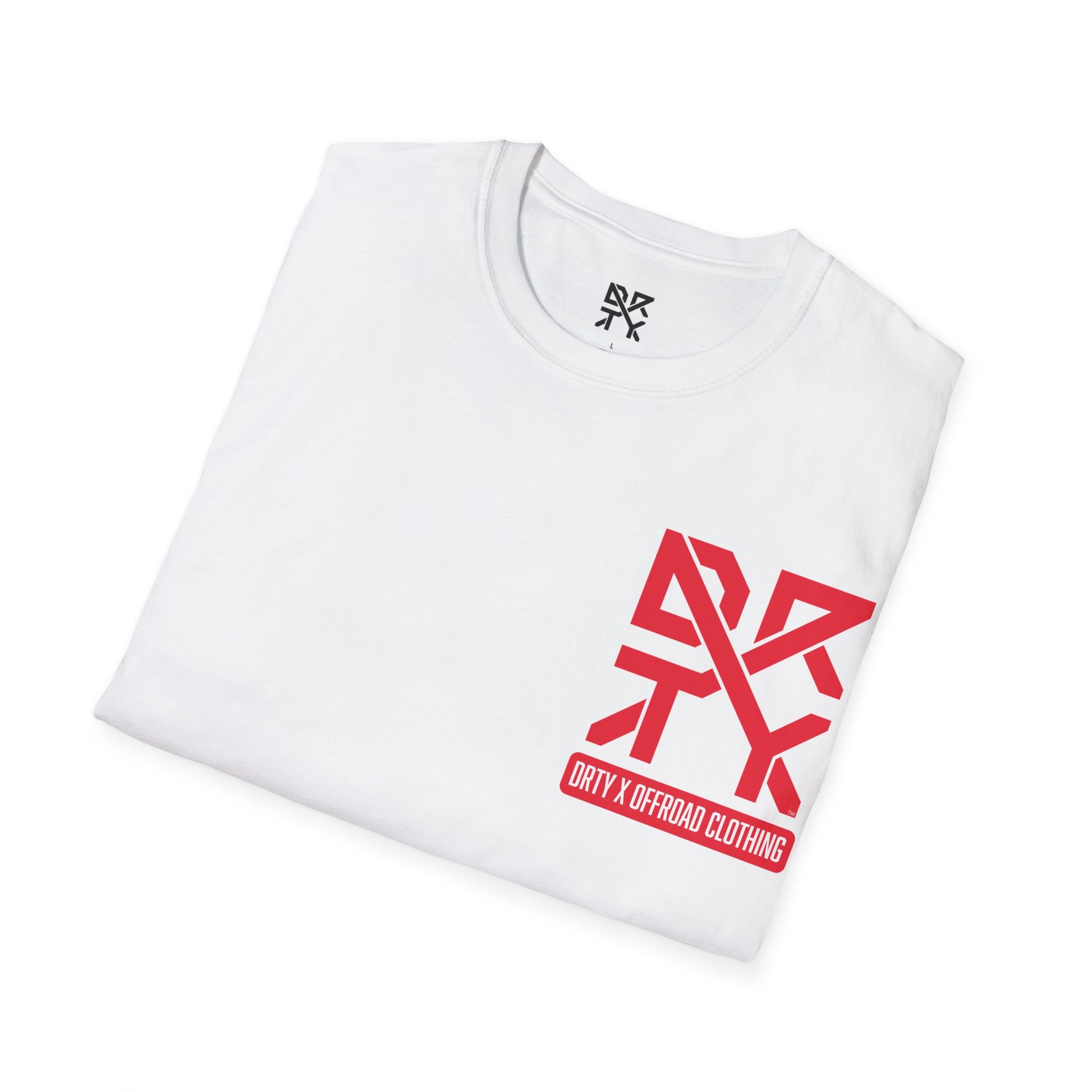 This image showcases a folded view of a T-shirt collar and left front chest with a DRTY X logo printed in both locations.