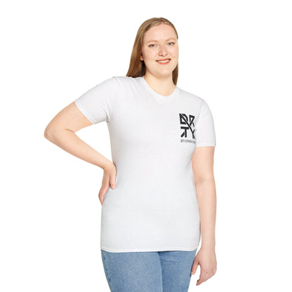 This image showcases a front view of a woman wearing a T-shirt with a left front chest with a DRTY X logo.