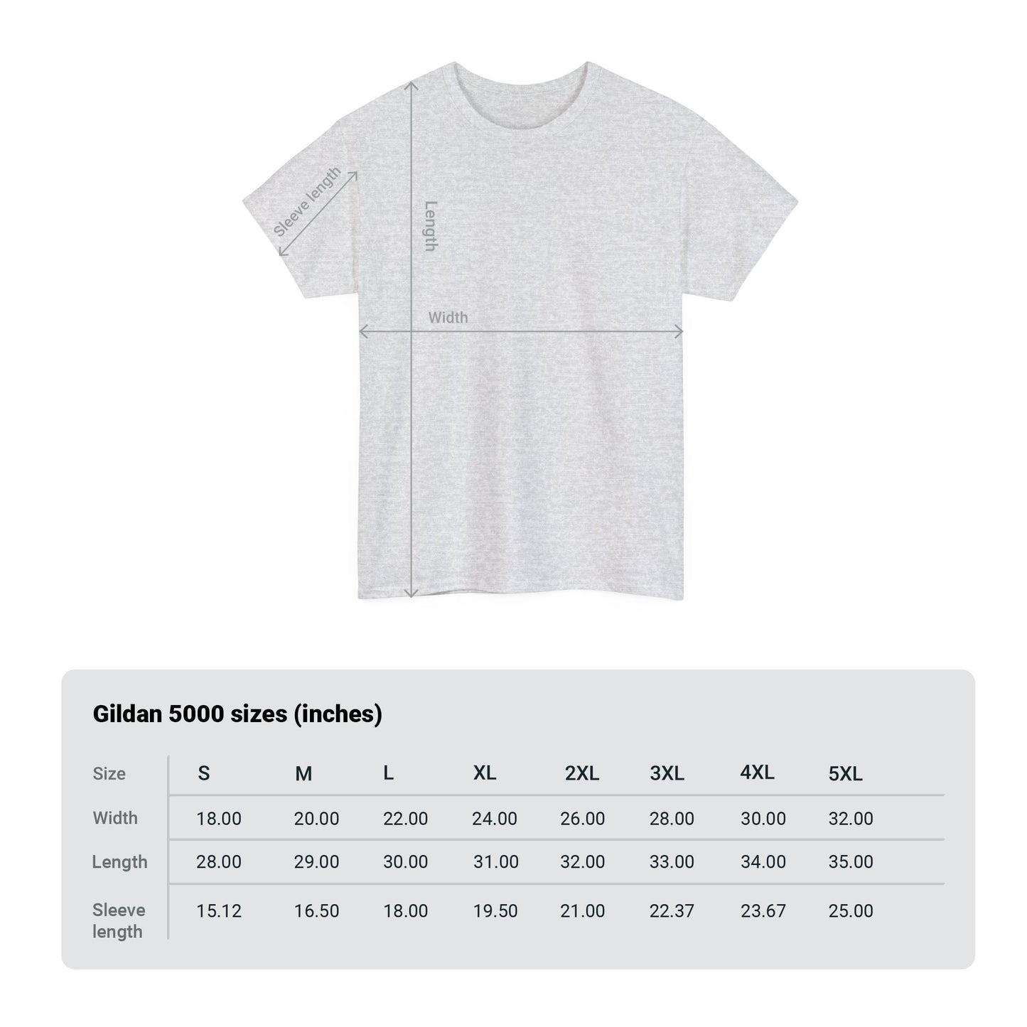 This image includes measurement marks and sizing table for the Gildan 5000 shirt sizes.