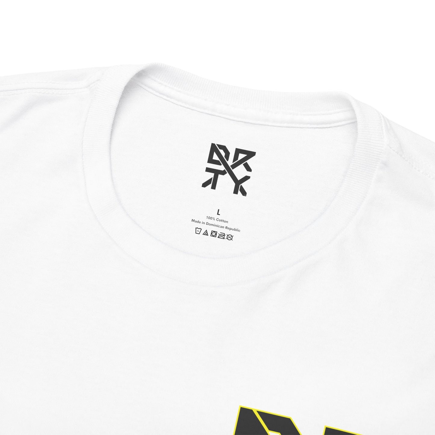 This image showcases the inside view of a T-shirt collar with a DRTY X logo printed on the inside.