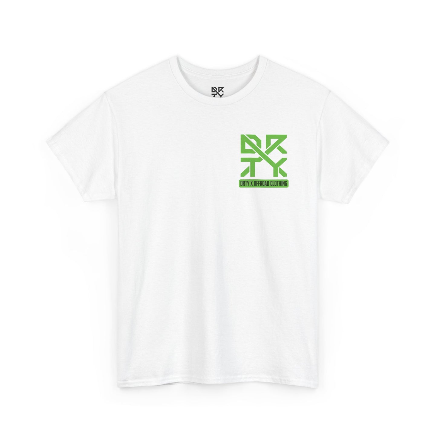 This image showcases a front view of a T-shirt with a left front chest with a DRTY X logo.