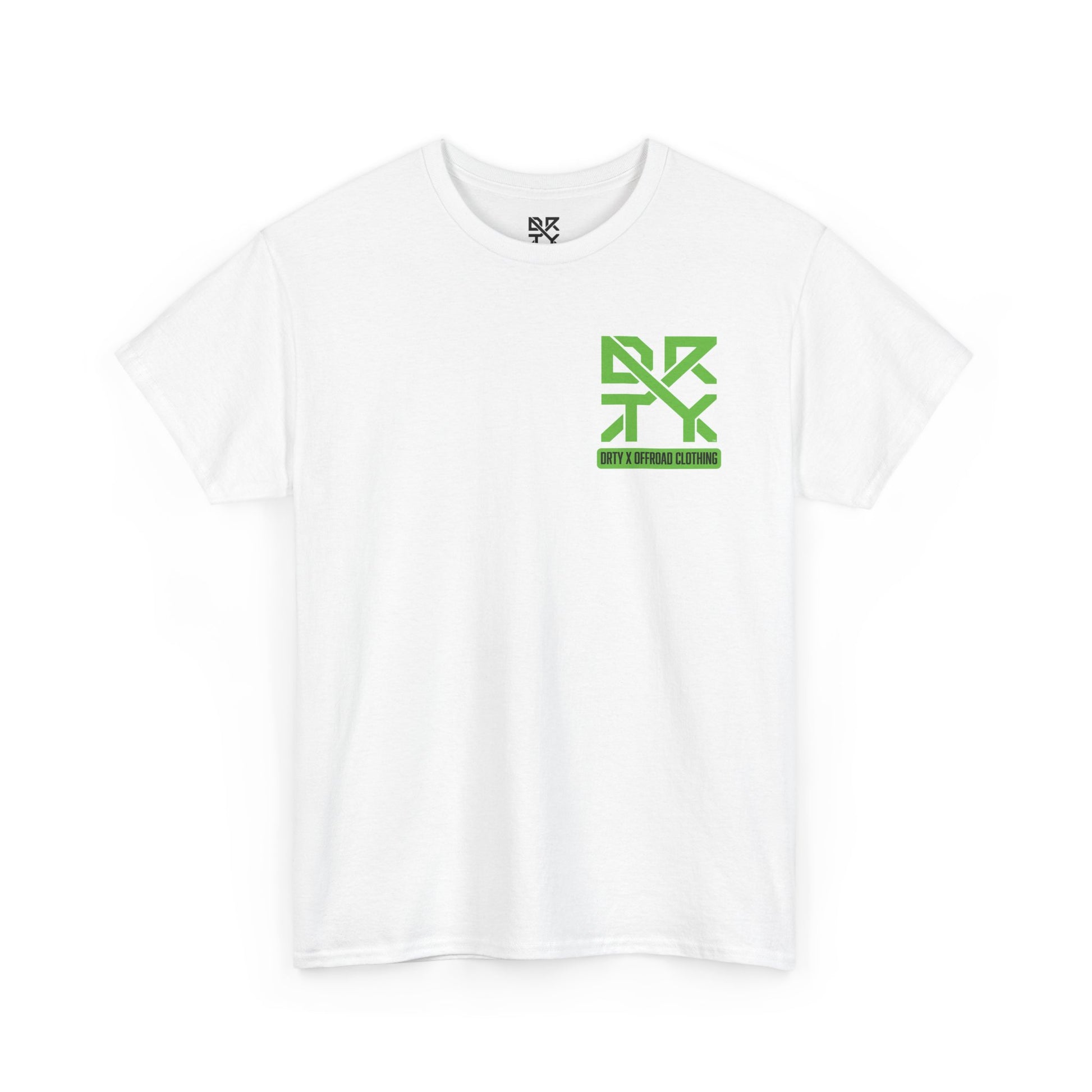 This image showcases a front view of a T-shirt with a left front chest with a DRTY X logo.