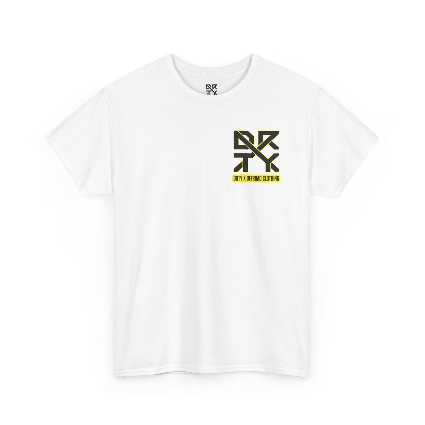 This image showcases a front view of a T-shirt with a left front chest with a DRTY X logo.