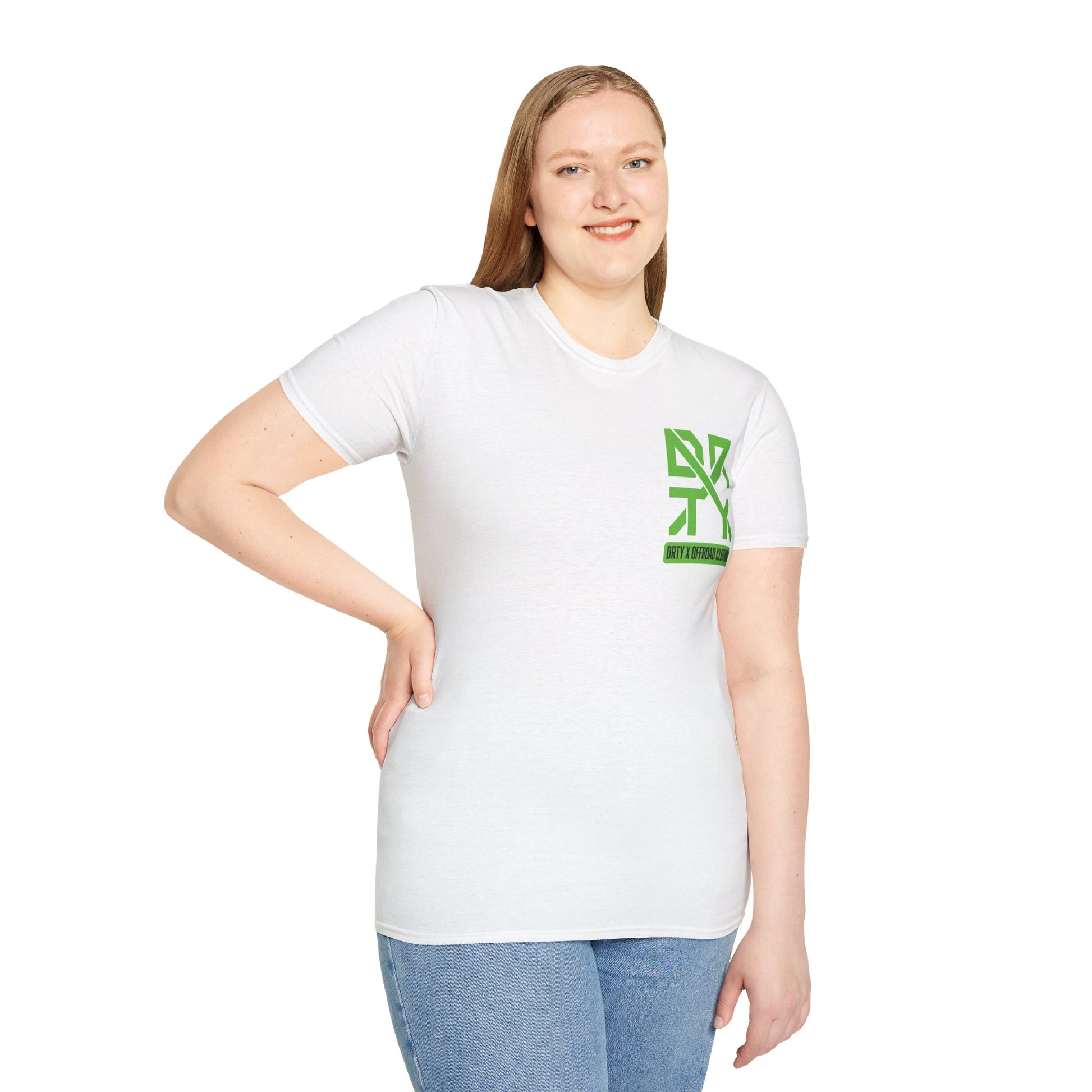 This image showcases a front view of a woman wearing a T-shirt with a left front chest with a DRTY X logo.