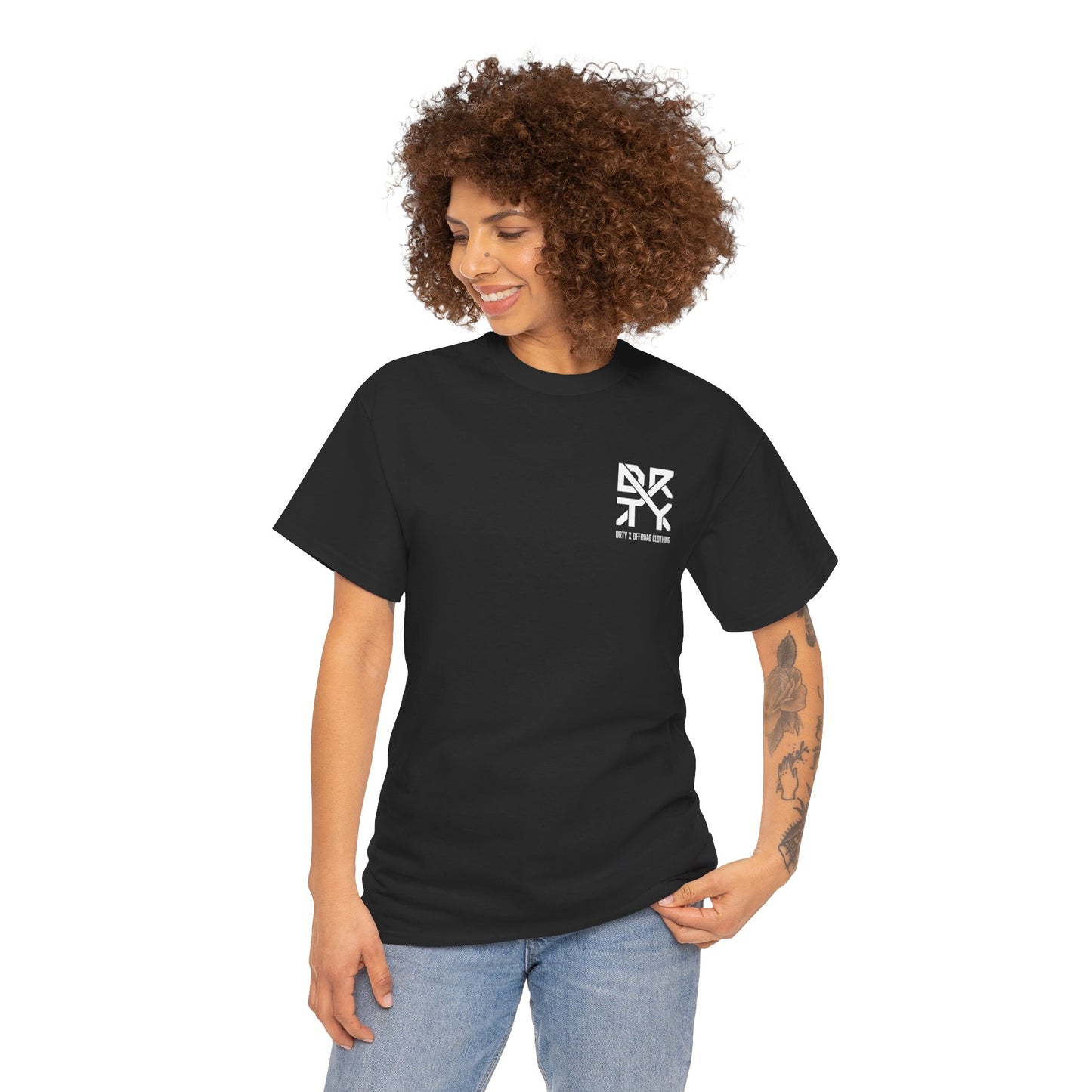 This image showcases a front view of a woman wearing a T-shirt with a left front chest with a DRTY X logo.