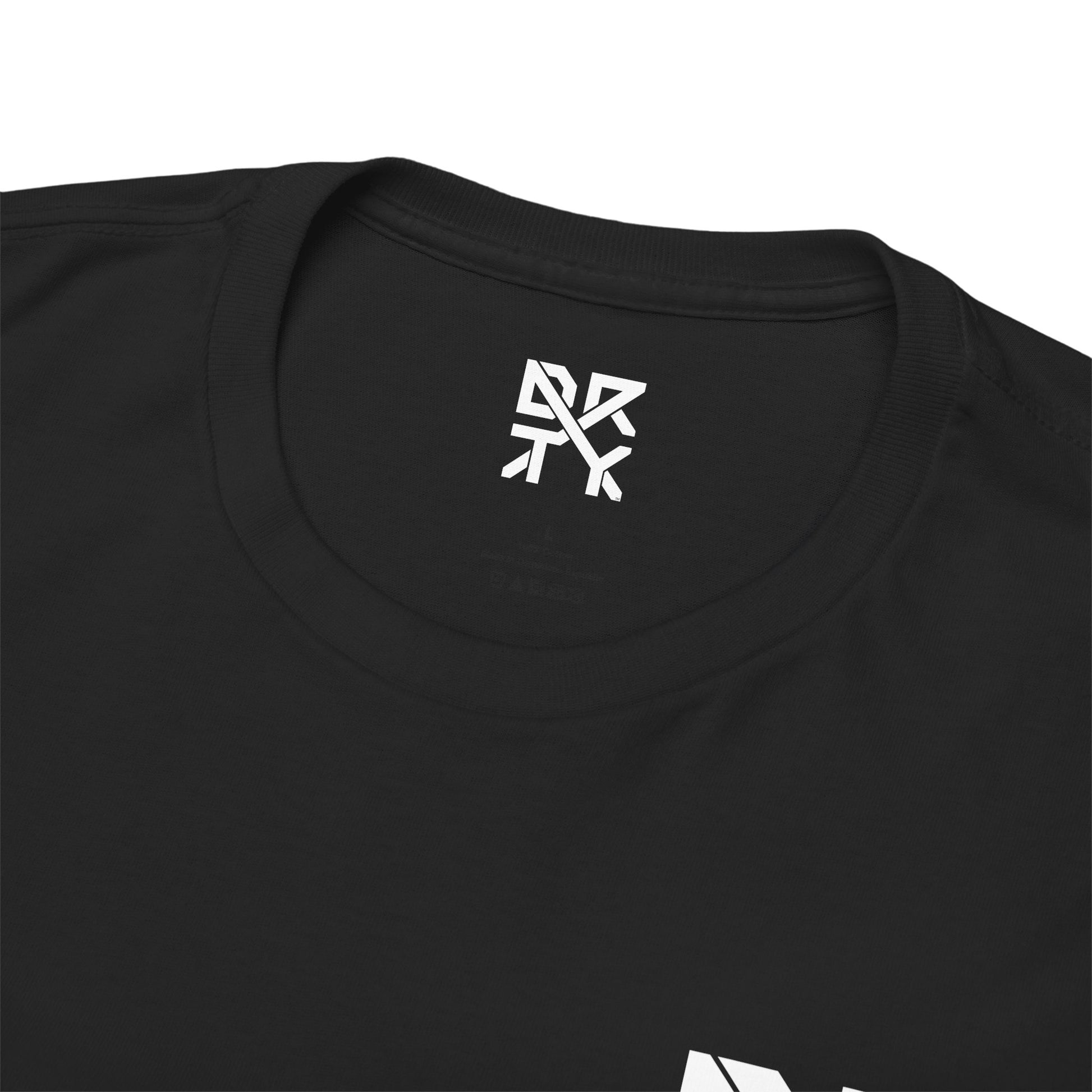 This image showcases the inside view of a T-shirt collar with a DRTY X logo printed on the inside.