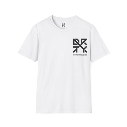 This image showcases a front view of a T-shirt collar and left front chest with a DRTY X logo printed in both locations.