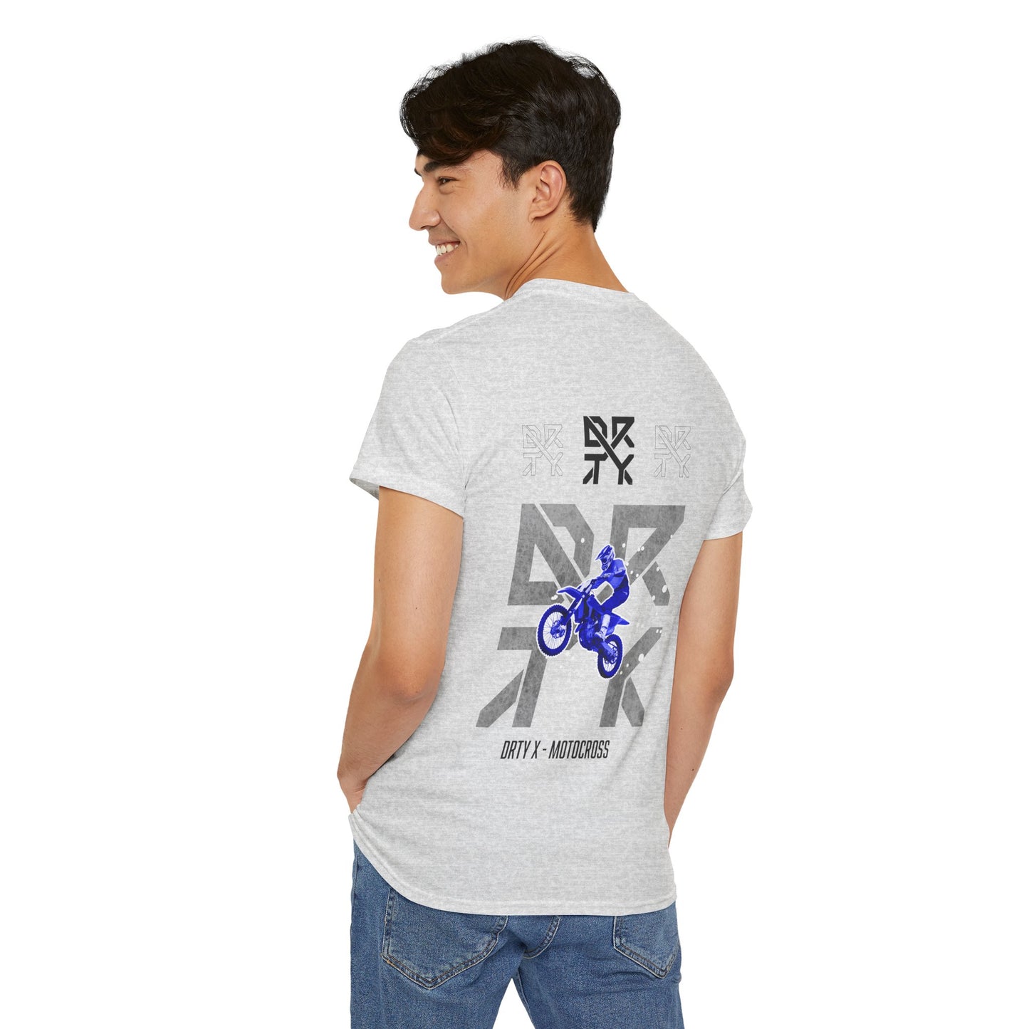 This image showcases a man wearing the back view of a T-shirt with a motocross bike jumping over top of a DRTY X logo on the middle top and center back, with text below that says DRTY X motocross.