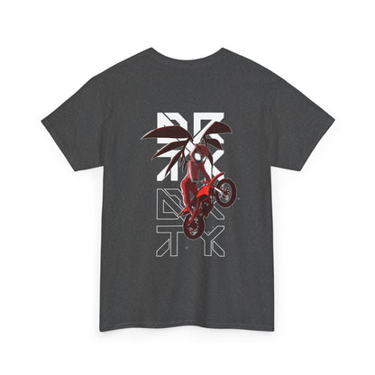 This image showcases the back view of a T-shirt with a winged rider with a red riding suit on and cartoon eyes in a helmet jumping a dirt bike over the DRTY X logo.