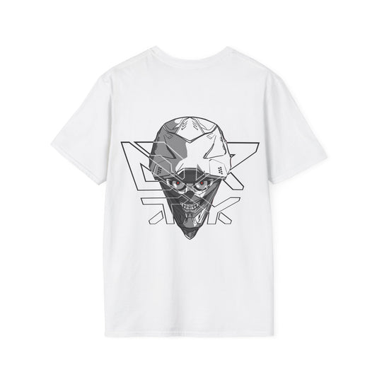 This image showcases the back view of a T-shirt with a front view of a cyber skull inside of a motocross helmet with a DRTY X logo over the helmet.