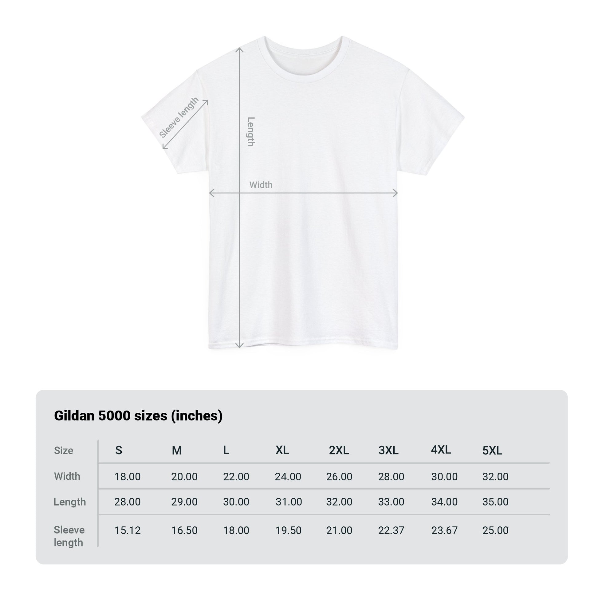 This image includes measurement marks and sizing table for the Gildan 5000 shirt sizes.