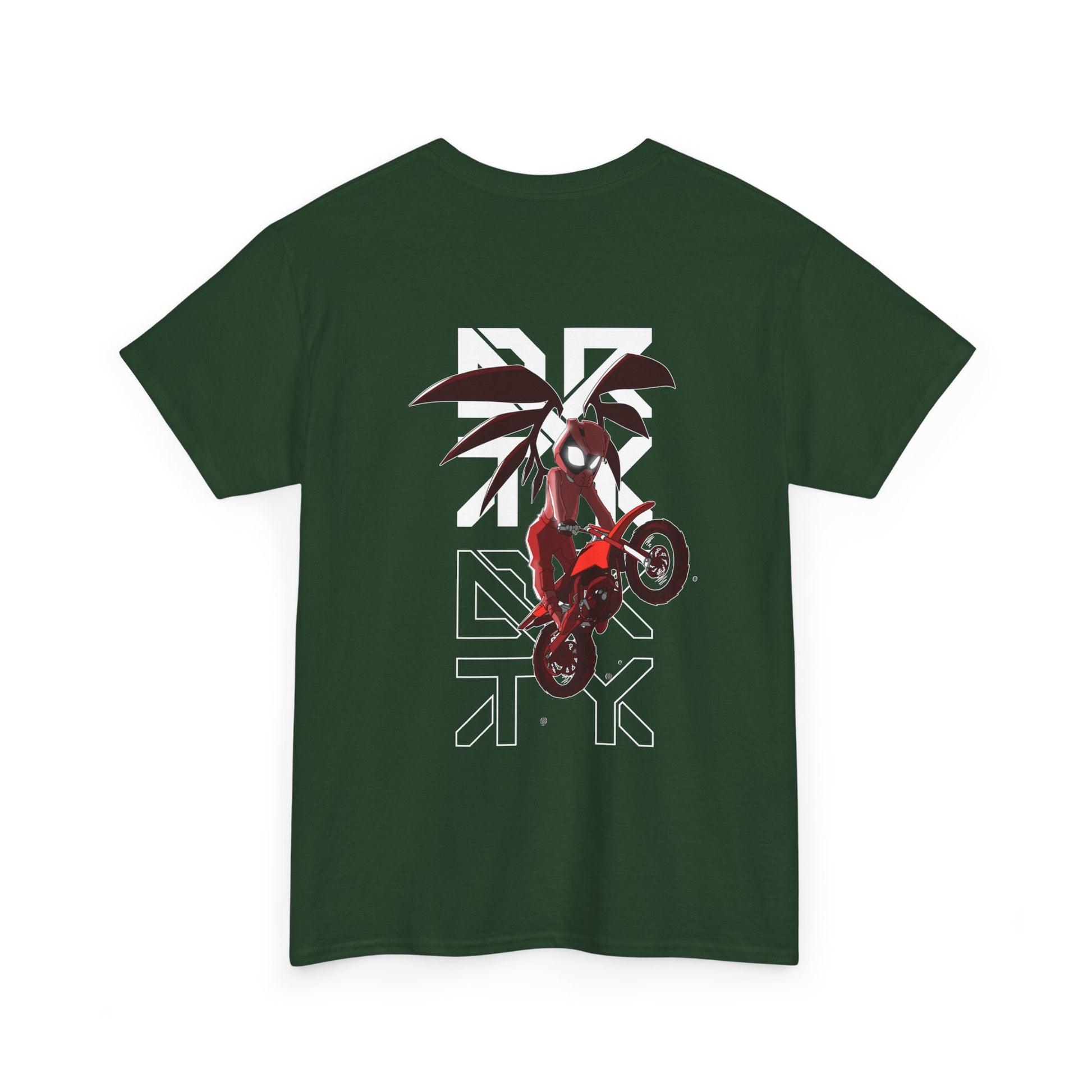 This image showcases the back view of a T-shirt with a winged rider with a red riding suit on and cartoon eyes in a helmet jumping a dirt bike over the DRTY X logo.