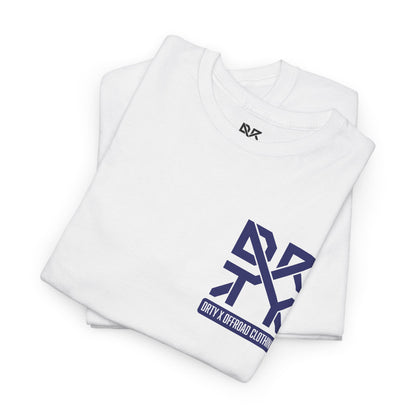 This image showcases a folded view of a T-shirt collar and left front chest with a DRTY X logo printed in both locations.