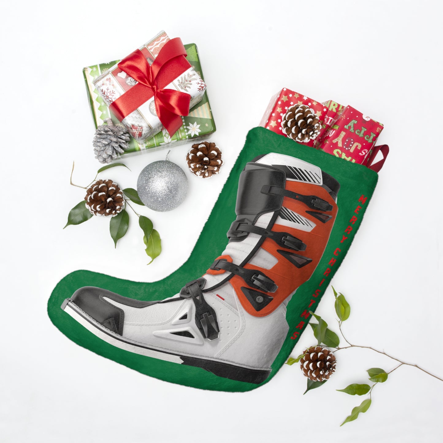 Moto X Boot - Orange - Green Christmas Stocking