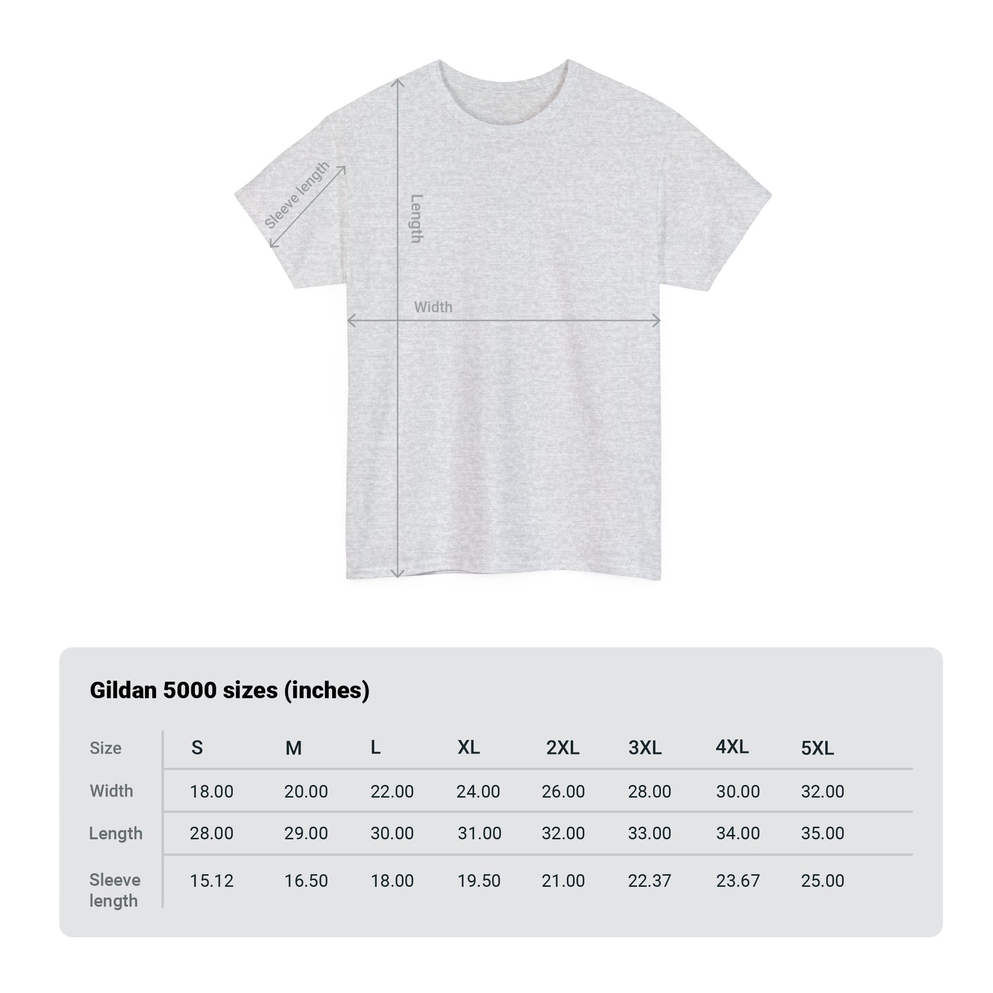 This image includes measurement marks and sizing table for the Gildan 5000 shirt sizes.