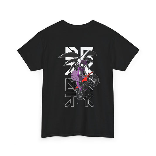 This image showcases the back view of a T-shirt with a winged rider with a dress and cartoon eyes in a helmet jumping a dirt bike over the DRTY X logo.