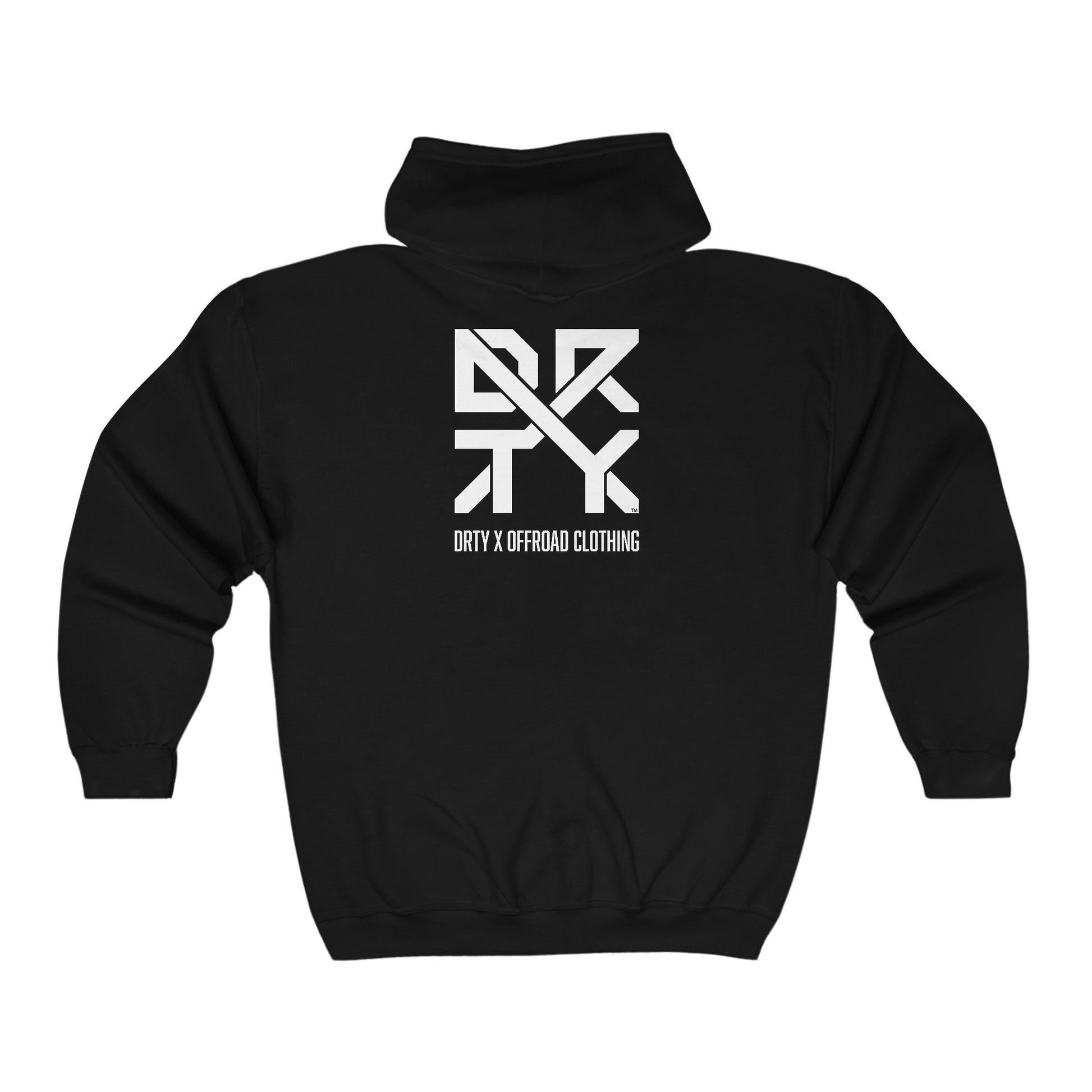 This image showcases the back view of a long sleeve hooded sweatshirt with a DRTY X Logo on the center of the back view