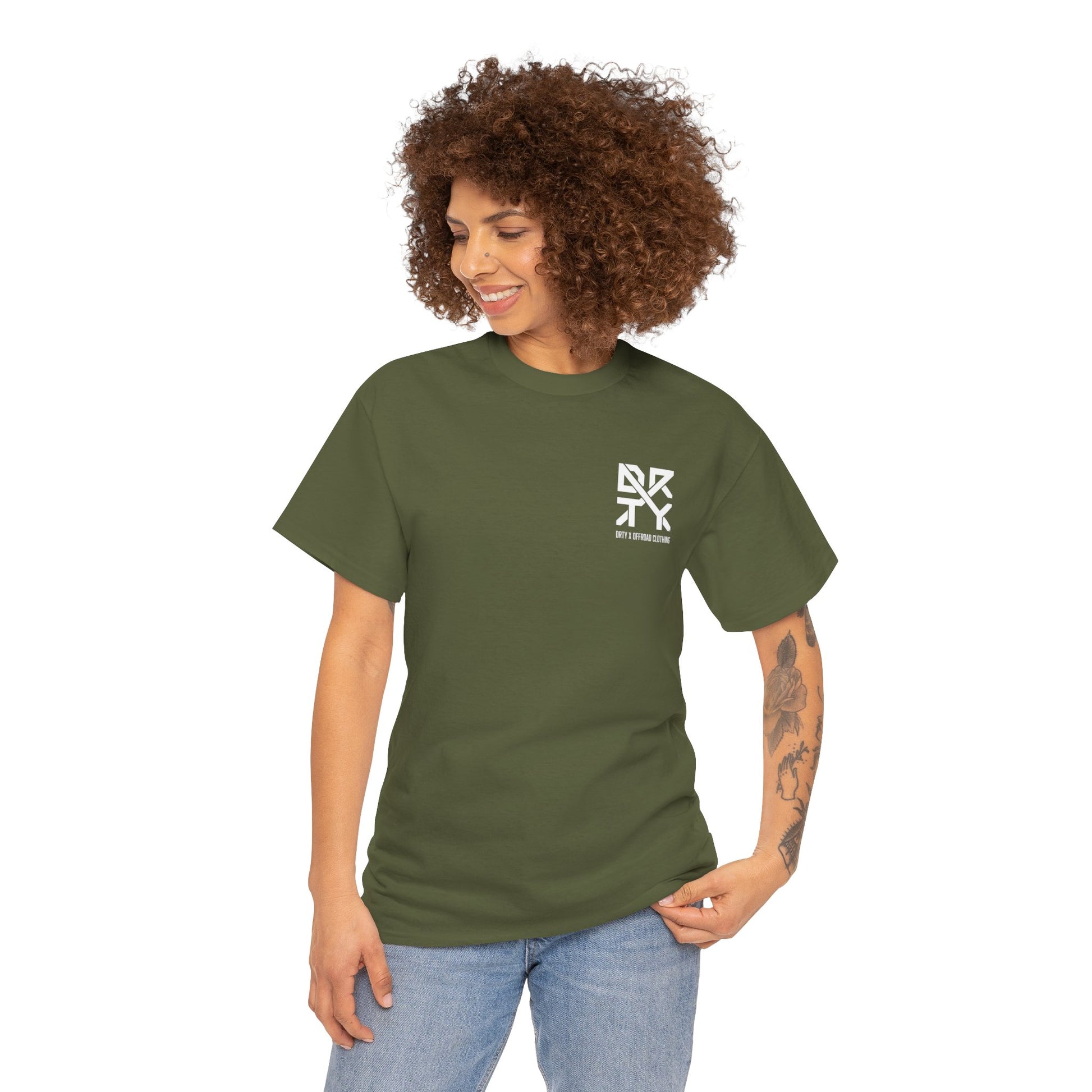 This image showcases a front view of a woman wearing a T-shirt with a left front chest with a DRTY X logo.