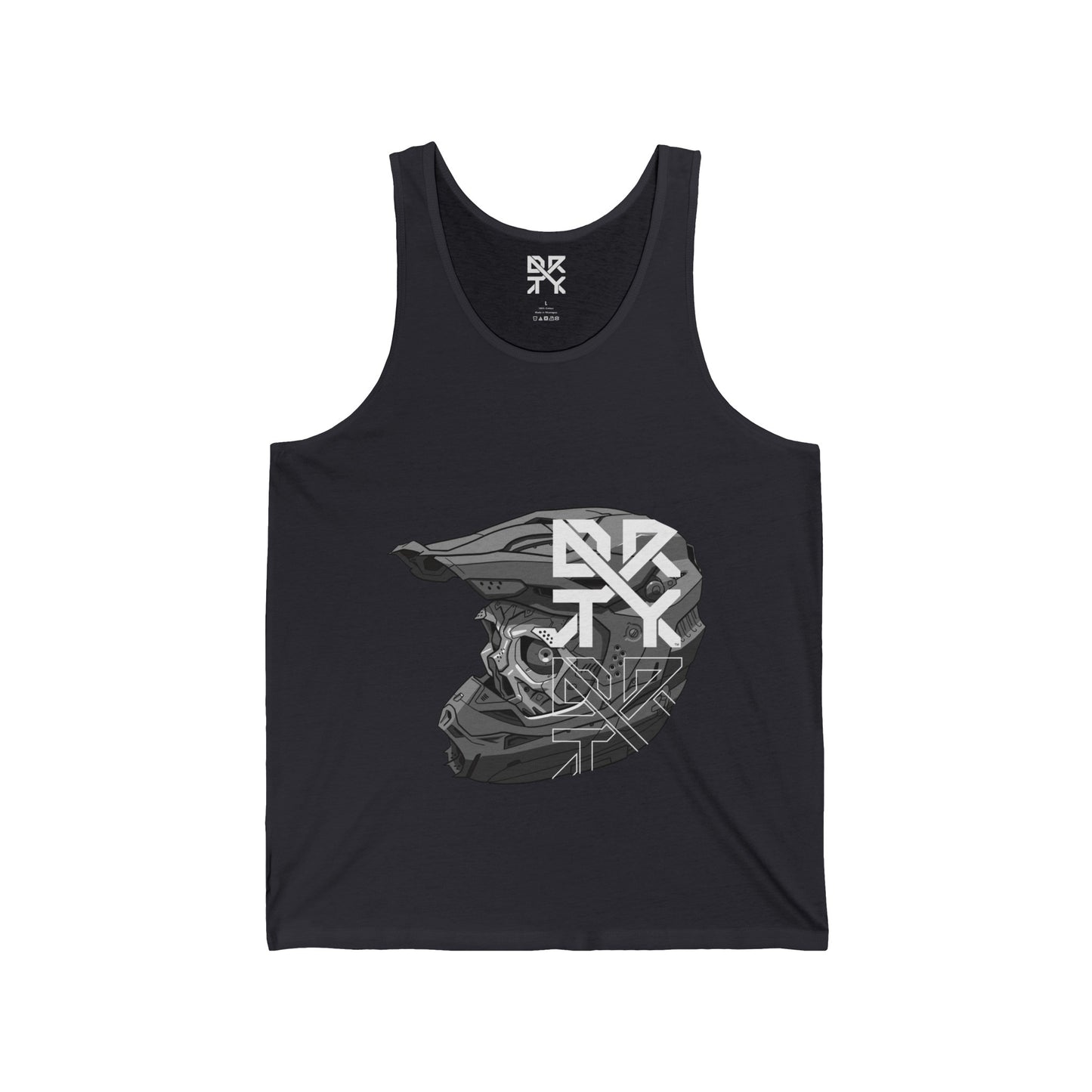 This image showcases the front view of a tank top with a cyber skull inside of a motocross helmet with a DRTY X logo on the helmet.