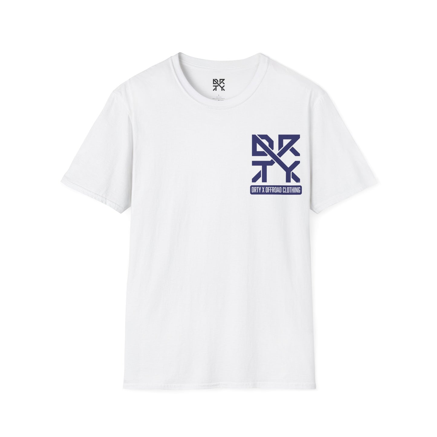 This image showcases a front view of a T-shirt with a left front chest with a DRTY X logo.