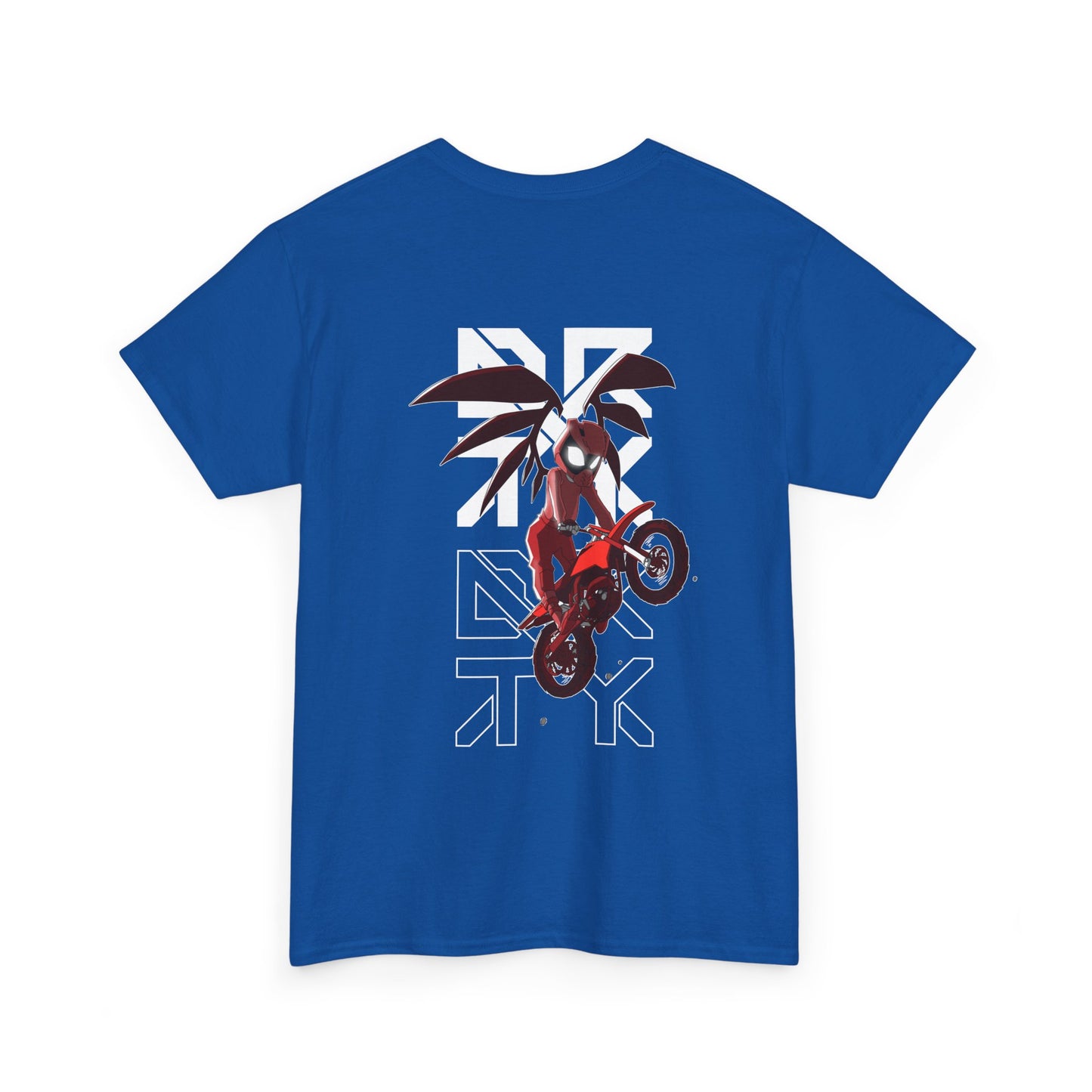 This image showcases the back view of a T-shirt with a winged rider with a red riding suit on and cartoon eyes in a helmet jumping a dirt bike over the DRTY X logo.