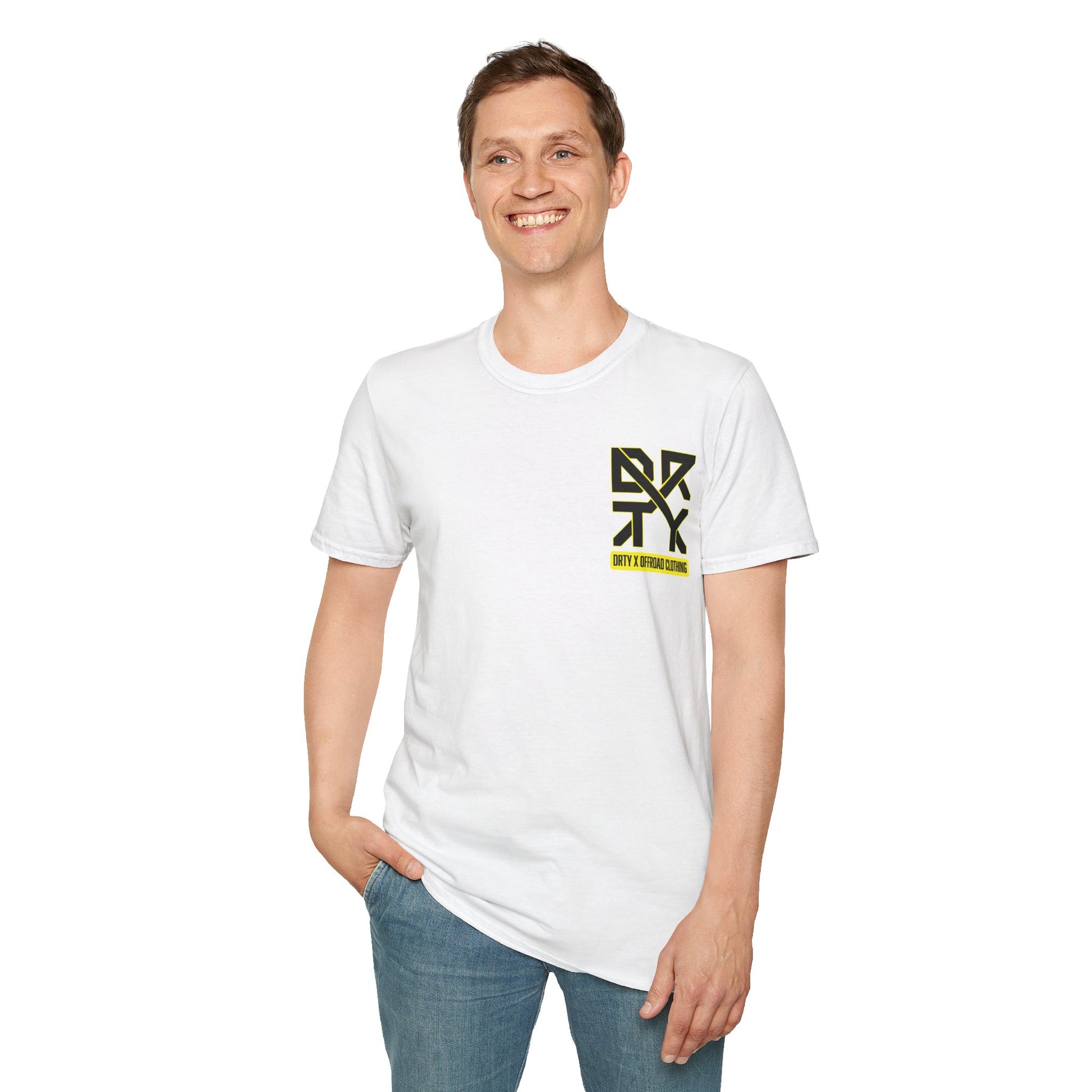 This image showcases a front view of a man wearing T-shirt with a left front chest with a DRTY X logo.