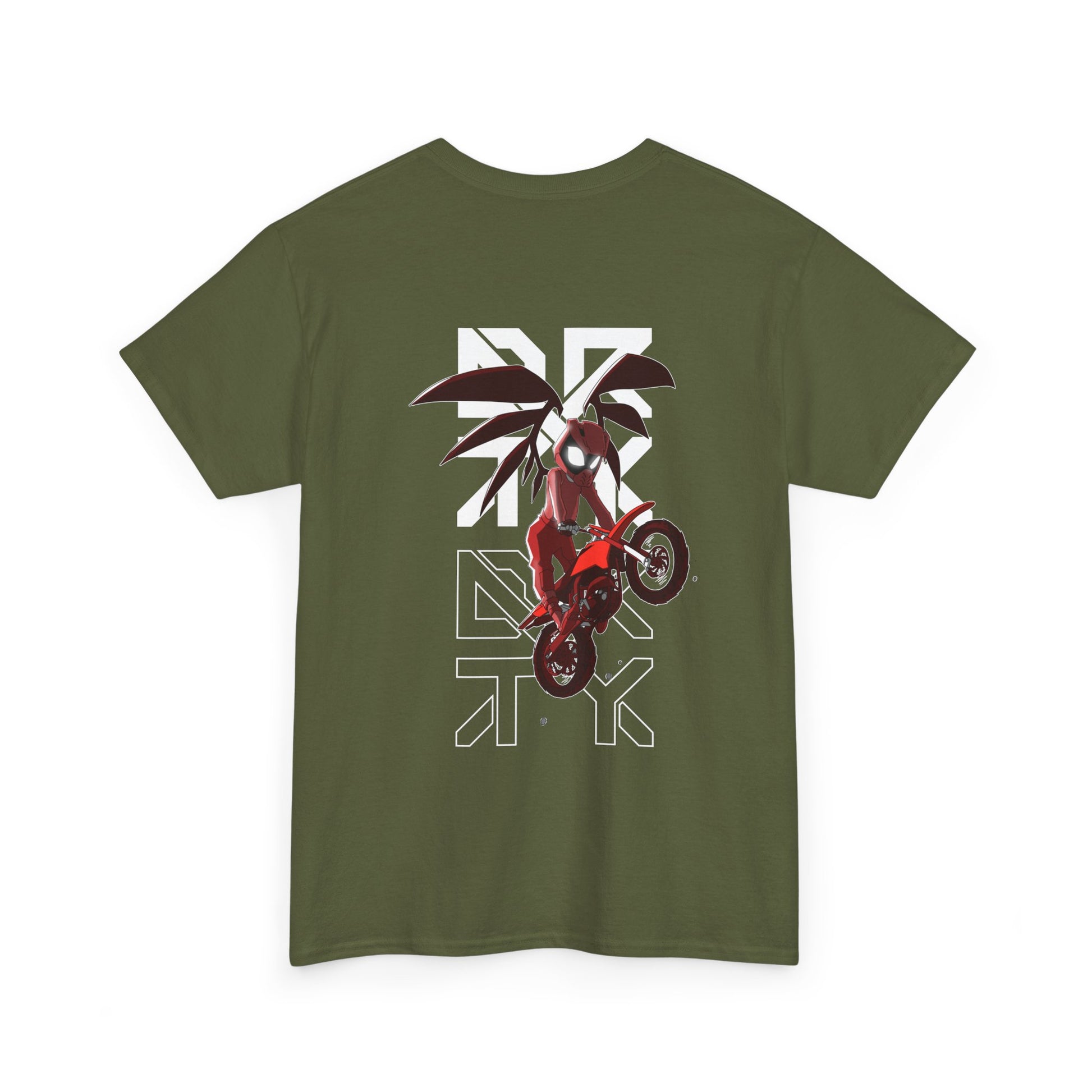 This image showcases the back view of a T-shirt with a winged rider with a red riding suit on and cartoon eyes in a helmet jumping a dirt bike over the DRTY X logo.