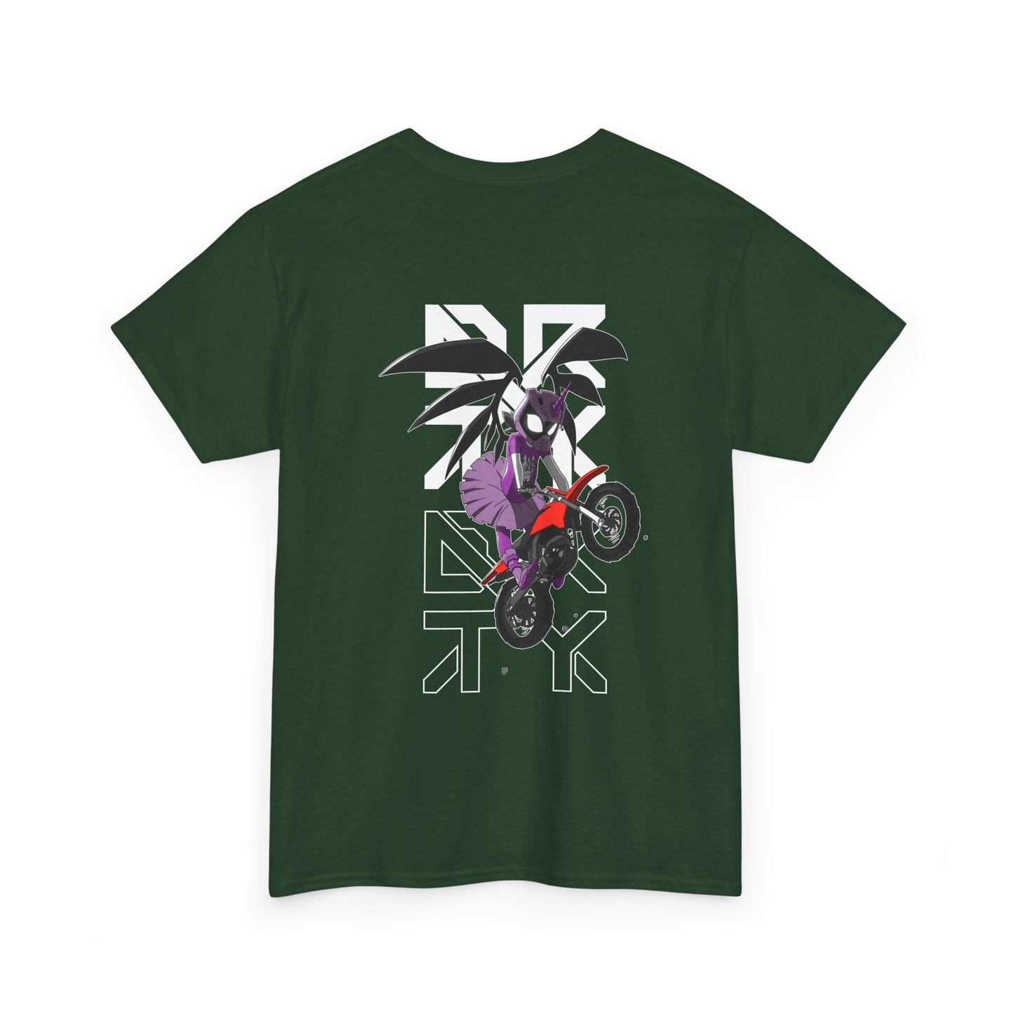 This image showcases the back view of a T-shirt with a winged rider with a dress and cartoon eyes in a helmet jumping a dirt bike over the DRTY X logo.