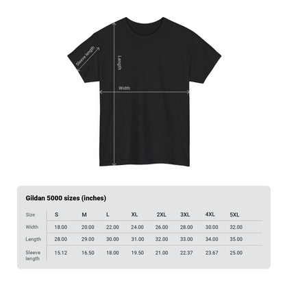 This image includes measurement marks and sizing table for the Gildan 5000 shirt sizes.