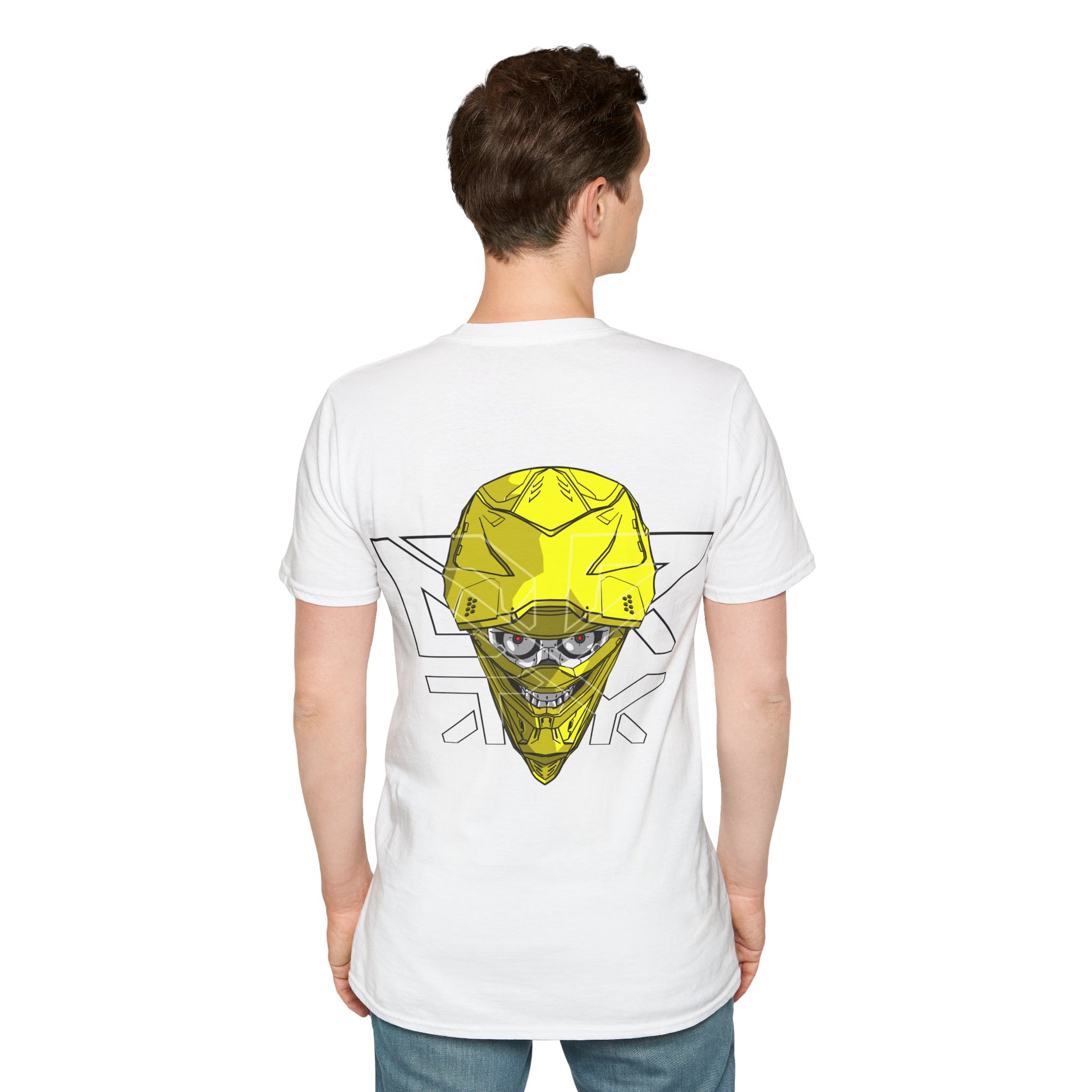This image showcases a man wearing a back view of a T-shirt with the front view of a cyber skull inside of a motocross helmet, with a DRTY X logo over the helmet.
