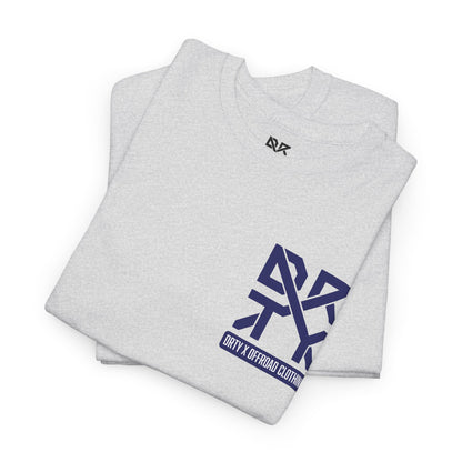 This image showcases a folded view of a T-shirt collar and left front chest with a DRTY X logo printed in both locations.