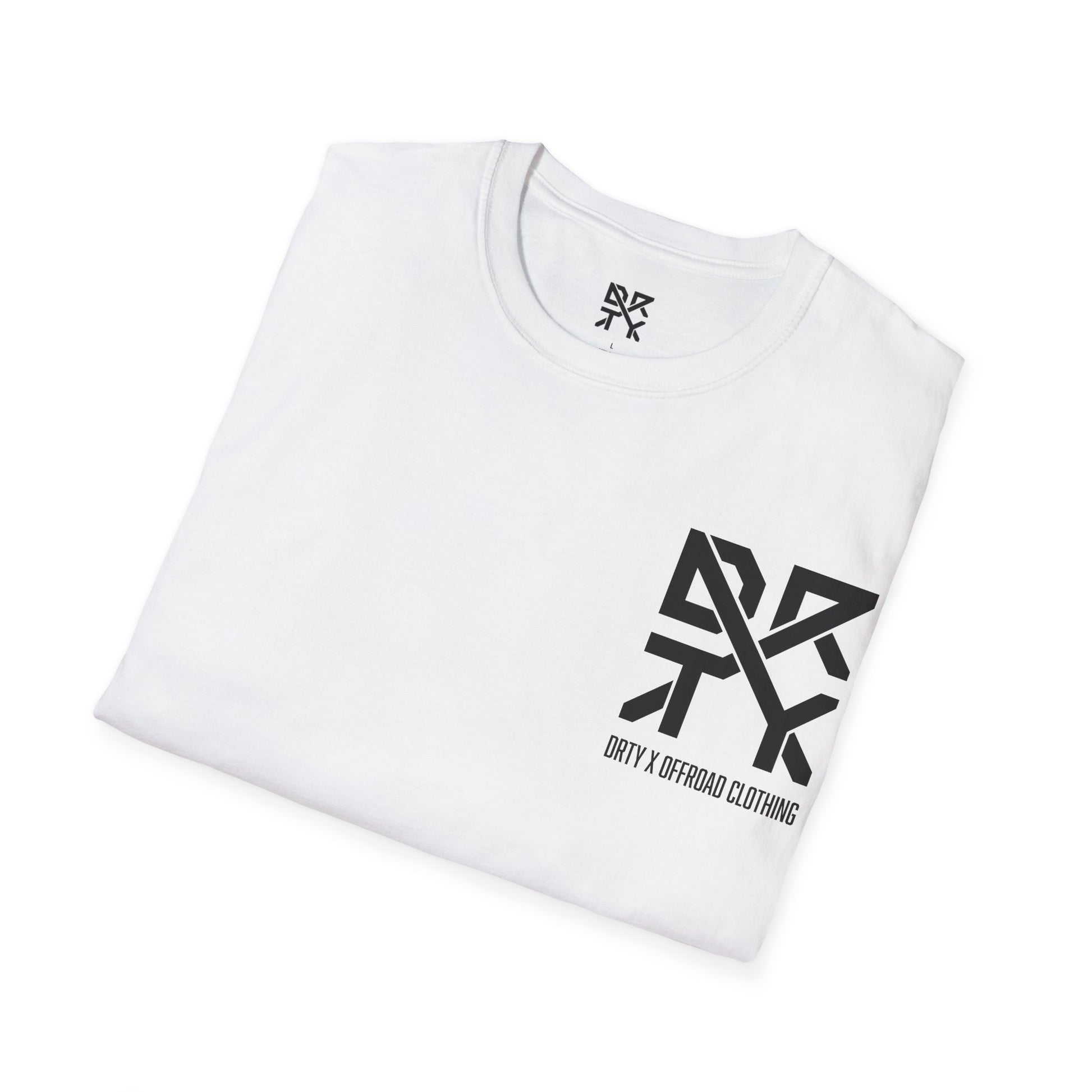 This image showcases a folded view of a T-shirt collar and left front chest with a DRTY X logo printed in both locations.