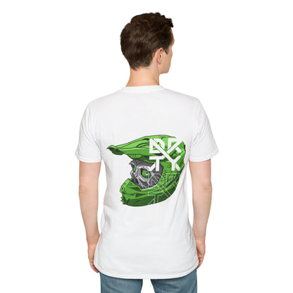 This image showcases a man with the back view of a T-shirt with a cyber skull inside of a motocross helmet with a DRTY X logo on the helme