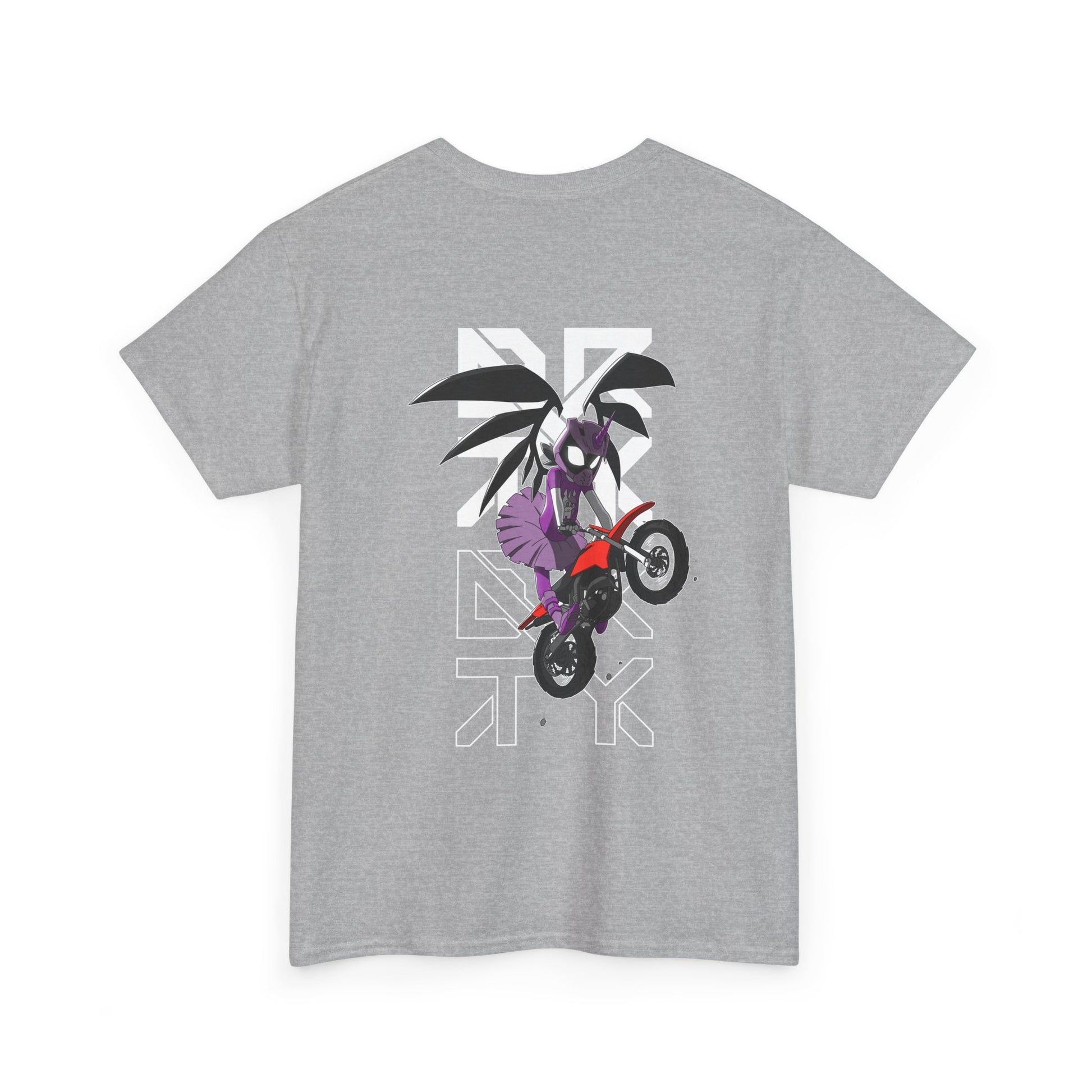 This image showcases the back view of a T-shirt with a winged rider with a dress and cartoon eyes in a helmet jumping a dirt bike over the DRTY X logo.