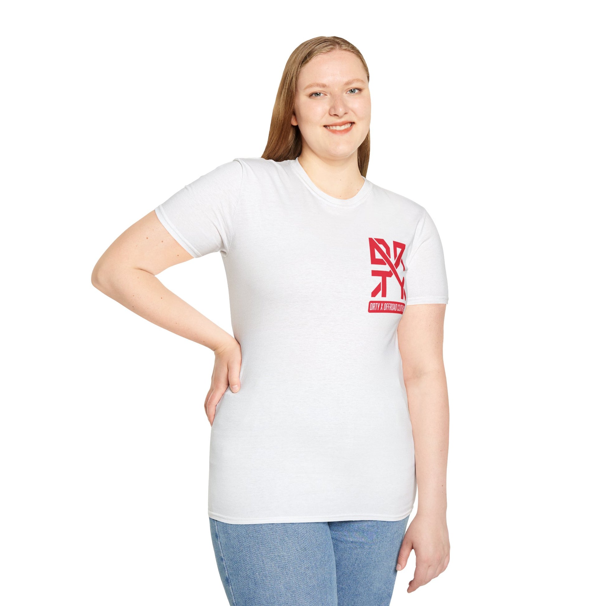 This image showcases a front view of a woman wearing a T-shirt with a left front chest with a DRTY X logo.