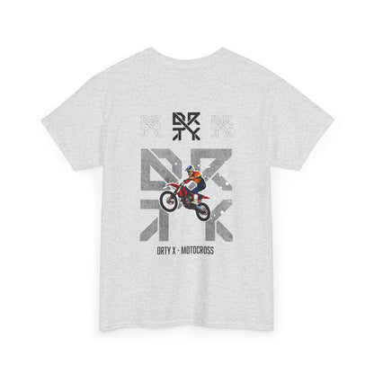 This image showcases the back view of a T-shirt with a motocross bike jumping over top of a DRTY X logo on the middle top and center back, with text below that says DRTY X motocross.