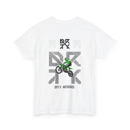 This image showcases the back view of a T-shirt with a motocross bike jumping over top of a DRTY X logo on the middle top and center back, with text below that says DRTY X motocross.