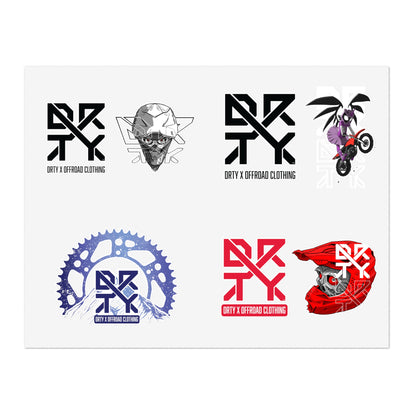 This image shows a small DRTY X Logo and artwork sticker sheet on a white background.