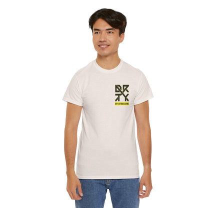 This image showcases a front view of a man wearing T-shirt with a left front chest with a DRTY X logo.