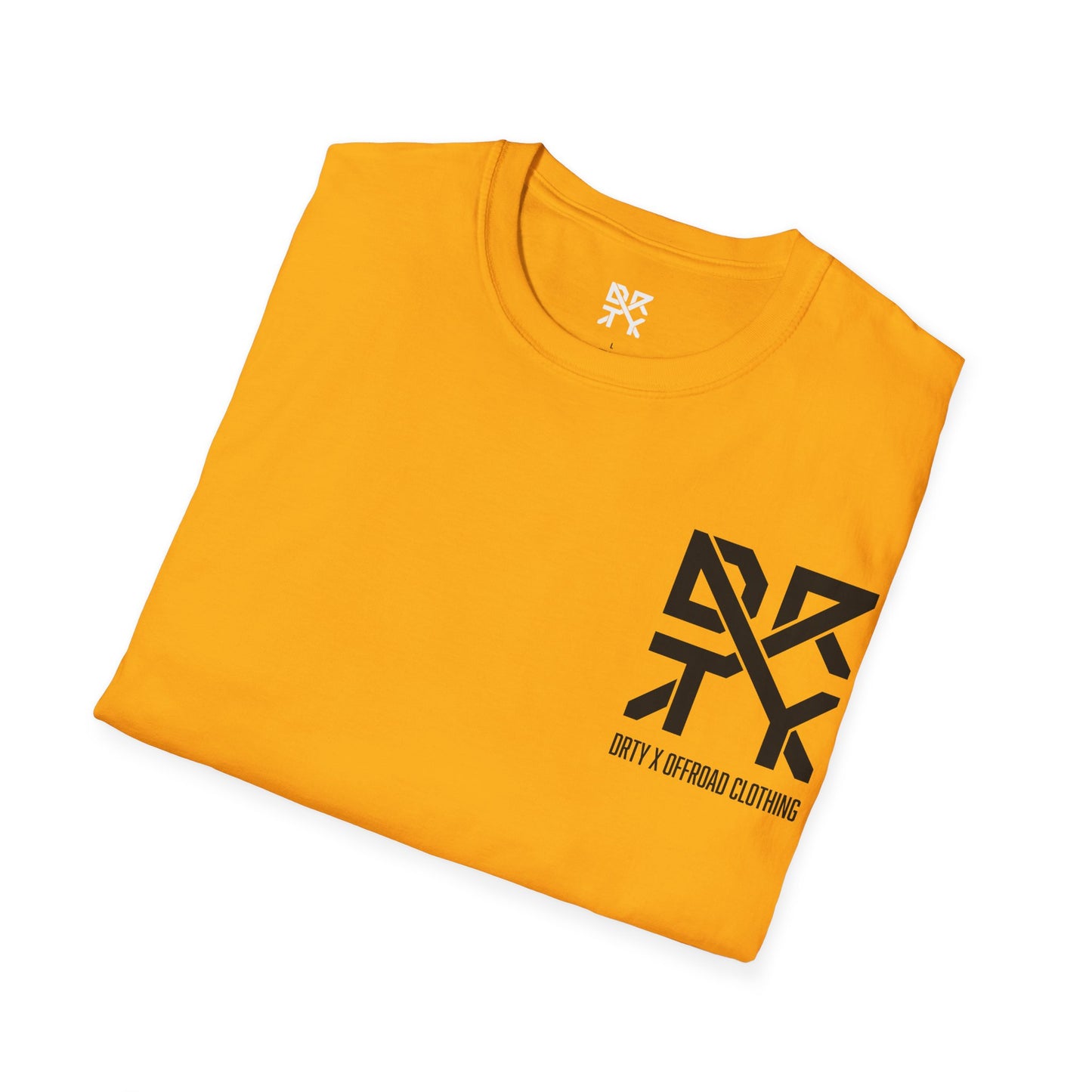 This image showcases a folded view of a T-shirt collar and left front chest with a DRTY X logo printed in both locations.