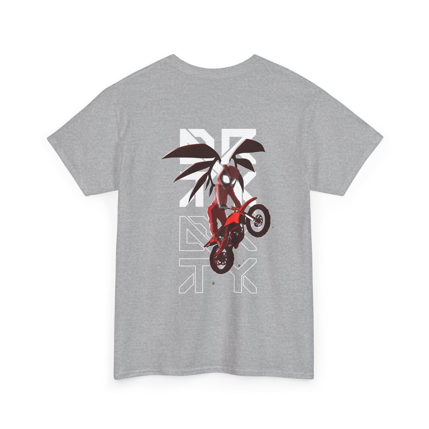 This image showcases the back view of a T-shirt with a winged rider with a red riding suit on and cartoon eyes in a helmet jumping a dirt bike over the DRTY X logo.