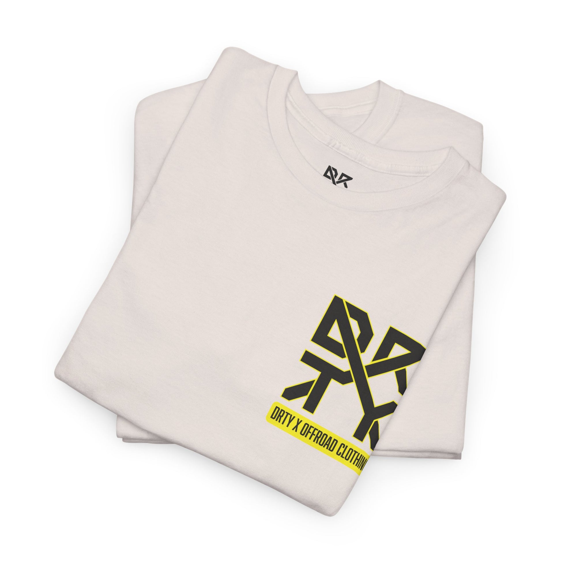 This image showcases a folded view of a T-shirt collar and left front chest with a DRTY X logo printed in both locations.