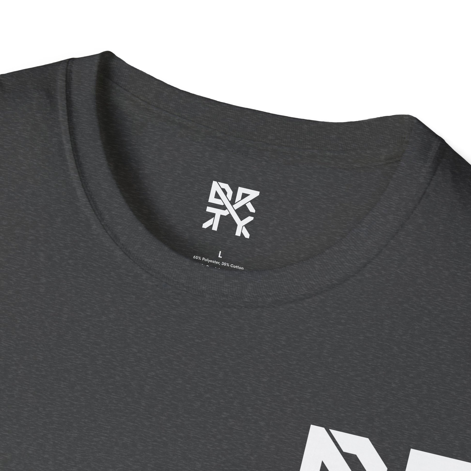 This image showcases the inside view of a T-shirt collar with a DRTY X logo printed on the inside.